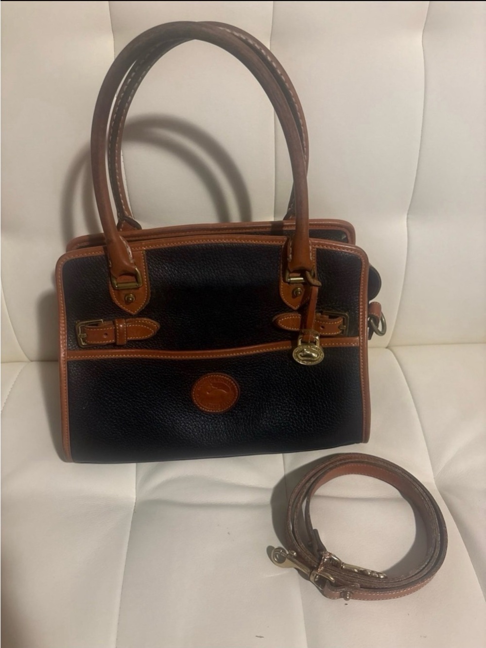 “Dooney & Bourke” Vintage Black & British Tan “Double Buckle Satchel”